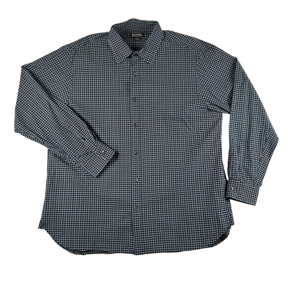 Michael Kors Dress Shirt Mens XL Blue Check Classic Fit Cotton Long Sleeve